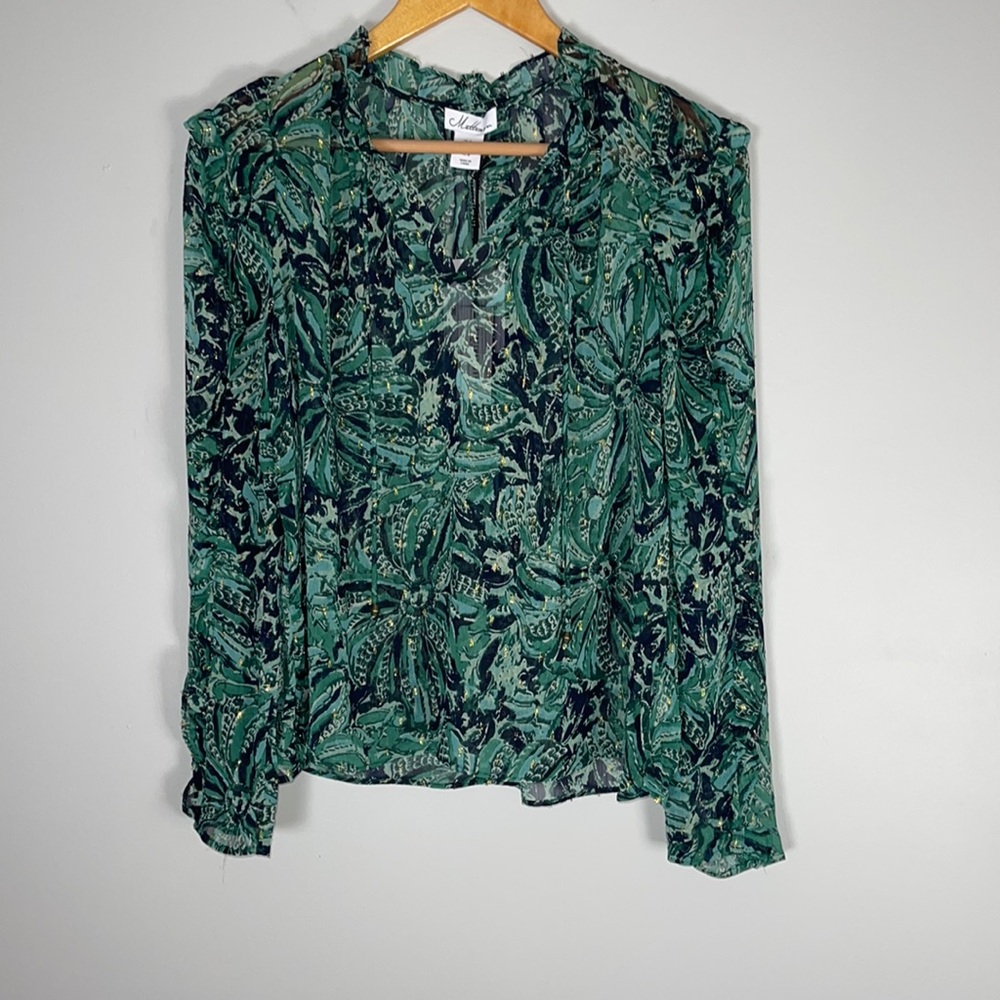 New Matteson Green Floral Ruffle Blouse Medium